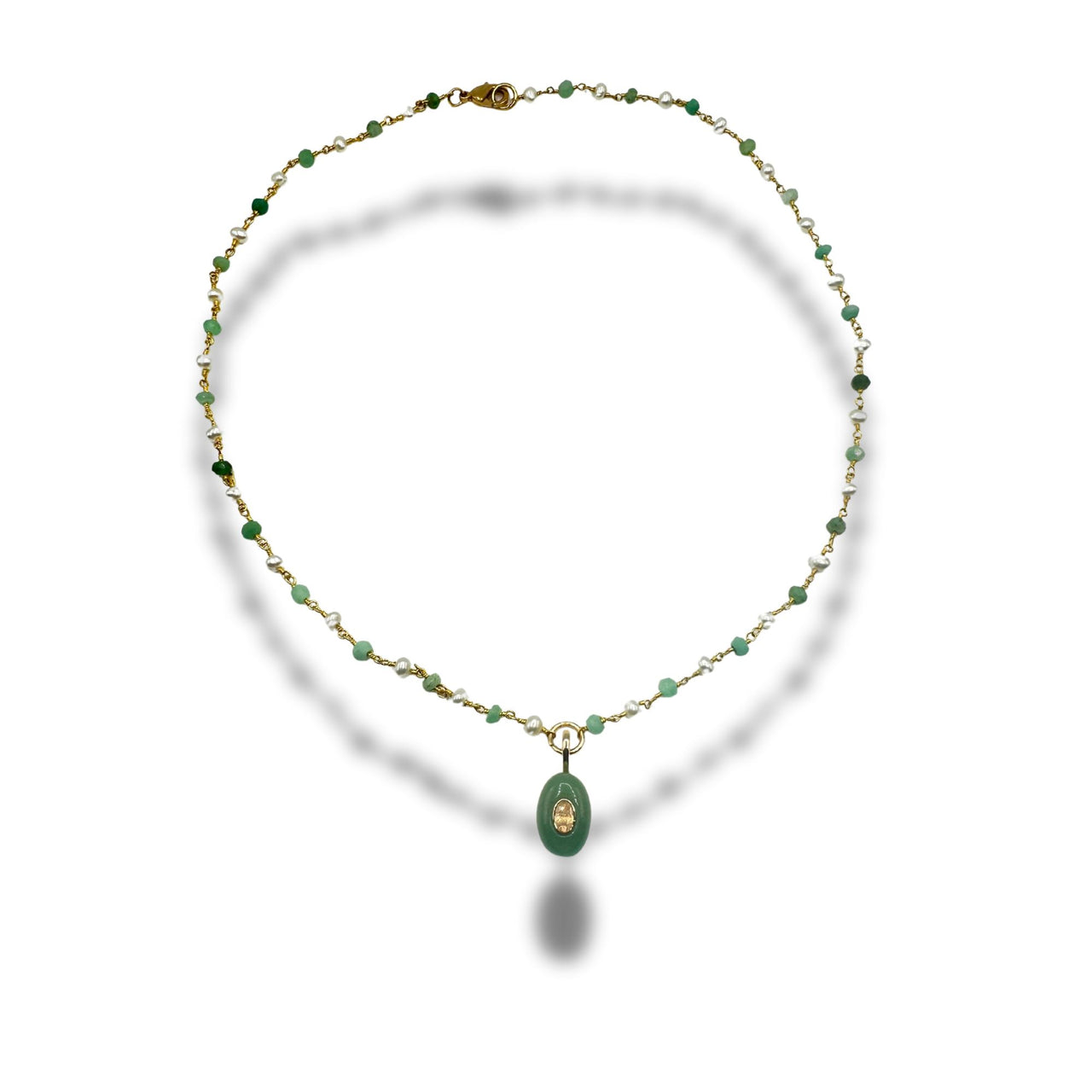 Wire Wrapped Chrysoprase and Pearl  Dainty Stone Pendant Necklace