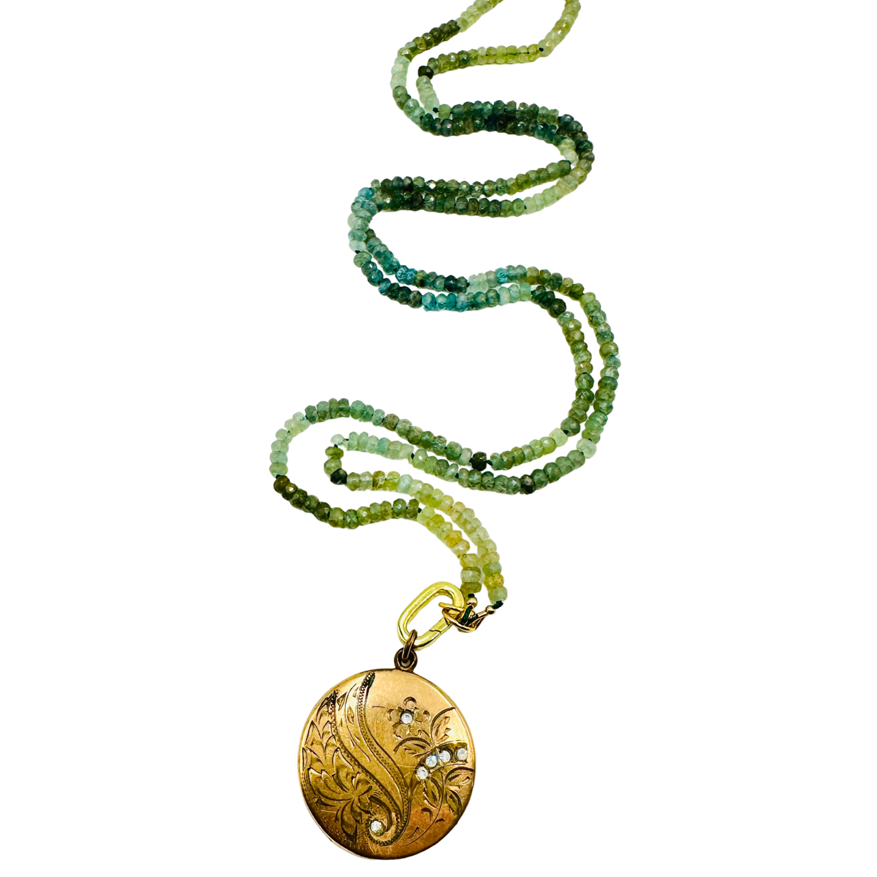 Antique Gold-Filled Floral Photo Locket Necklace on 28" Prehnite Beaded Strand  Victorian Locket with Vintage Photos