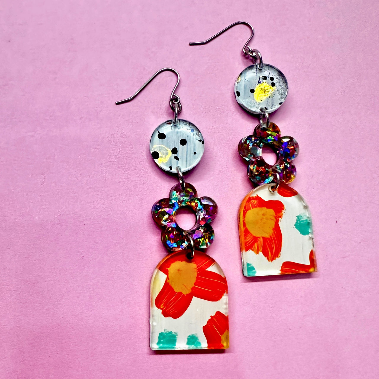 One of a Kind Hand Painted Glitter Floral Acrylic Earrings