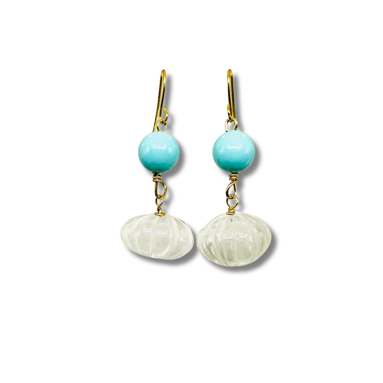 Hand Carved Clear Quartz and Turquoise Shell Drop Earrings