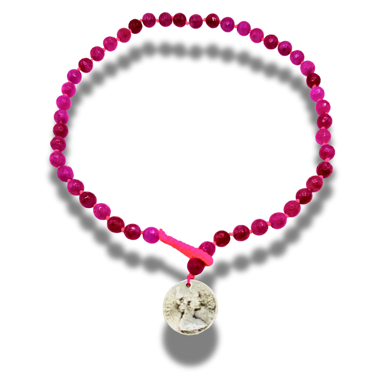 Fuchsia Quartz Hand Knotted Beaded Necklace with Genuine Coin