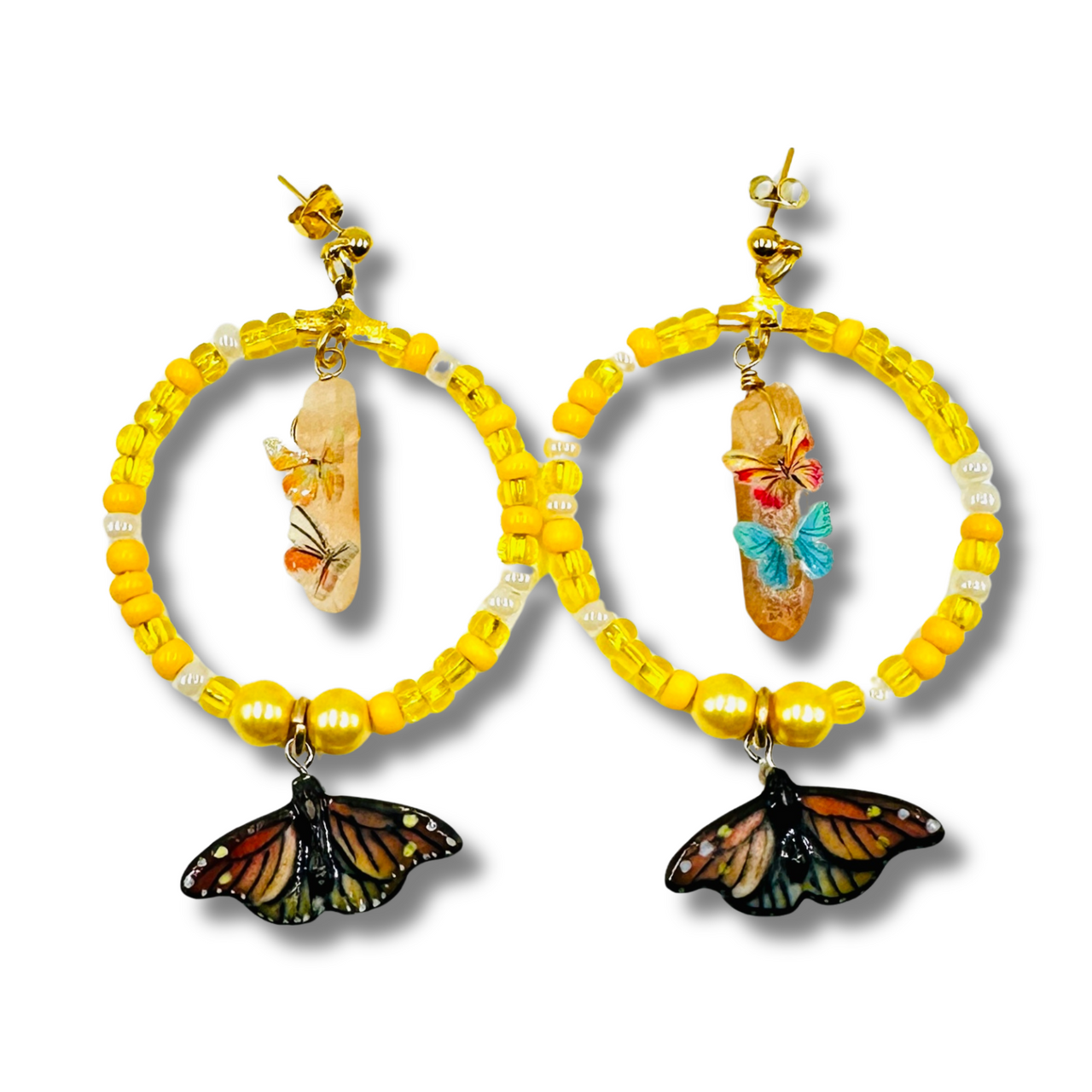 Hand Painted Monarch Butterfly Crystal Hoop Earrings