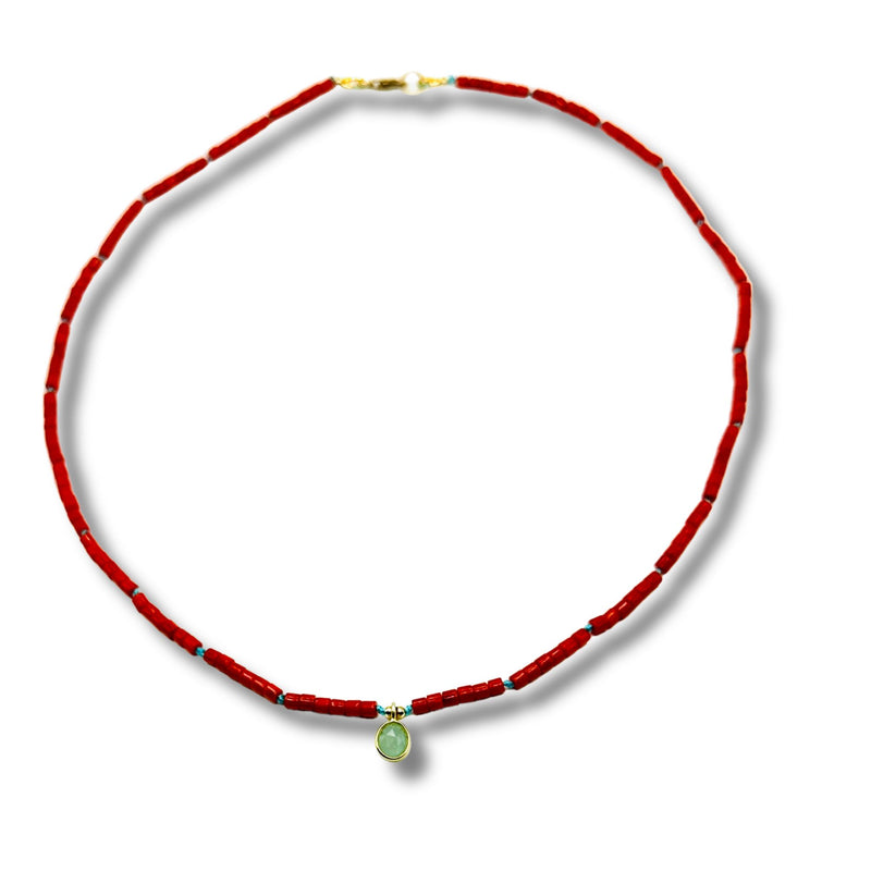 Dainty Red Coral Necklace with Green Chalcedony Pendant