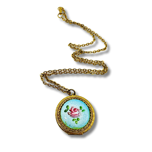 Original Vintage Guilloche Enamel Locket Necklace