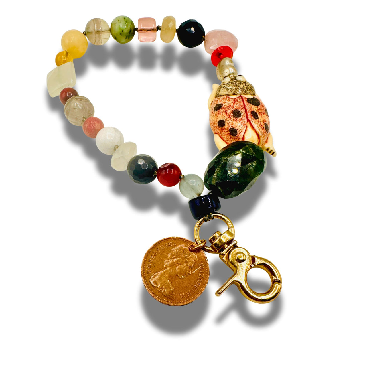 Multi Gemstone Wristlet with Coin Charm, Colorful Gemstone Phone Strap, Keychain & Purse Accessory