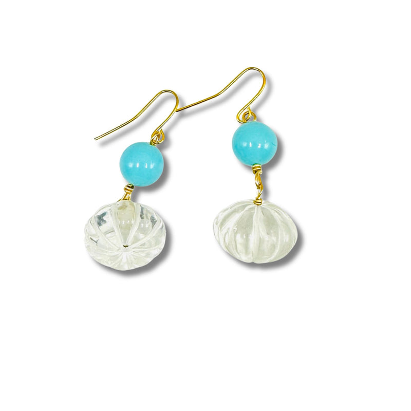 Hand Carved Clear Quartz and Turquoise Shell Drop Earrings