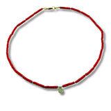 Dainty Red Coral Necklace with Green Chalcedony Pendant