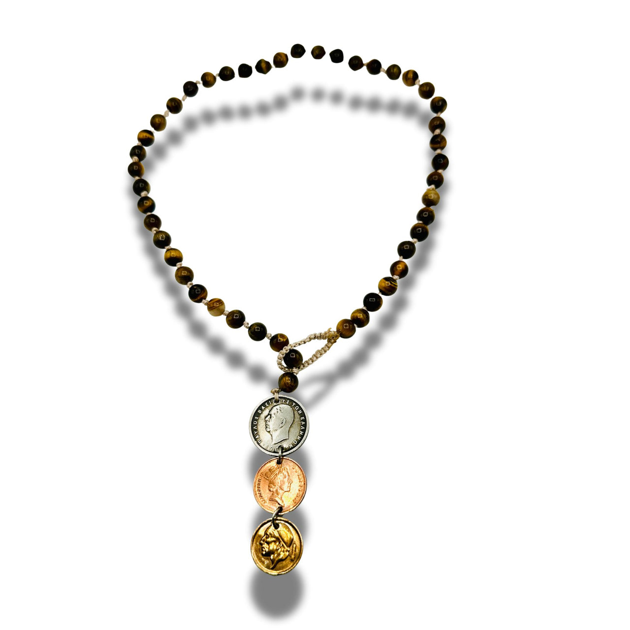 Tiger's Eye Hand Knotted Beaded Necklace with Genuine Coin