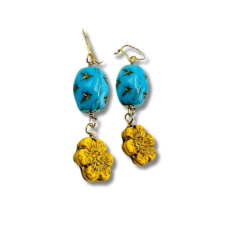 Vintage Turquoise and Yellow Glass Flower Earrings