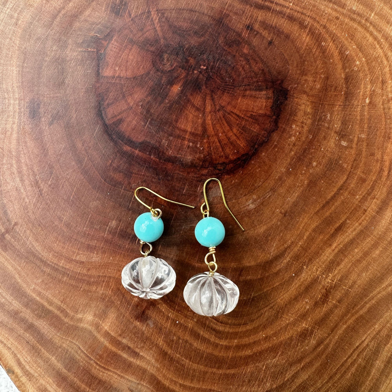 Hand Carved Clear Quartz and Turquoise Shell Drop Earrings