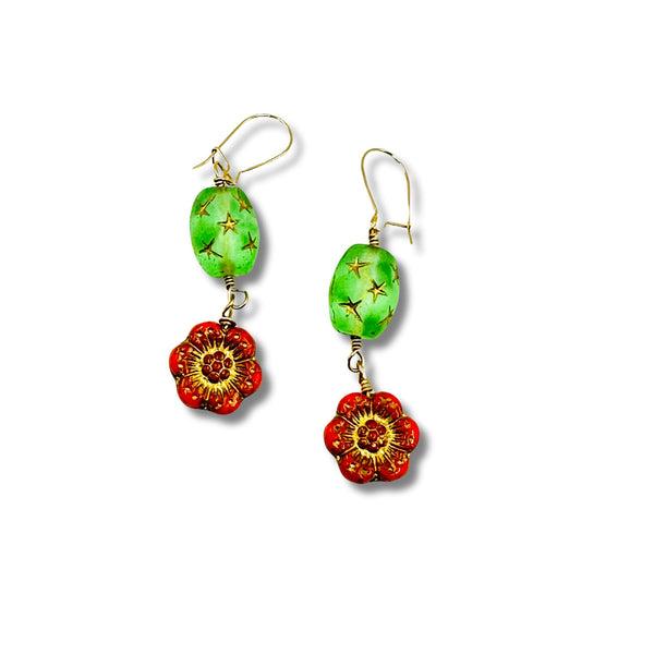 Vintage Green and Orange Glass Flower Earrings
