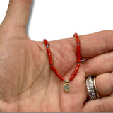 Dainty Red Coral Necklace with Green Chalcedony Pendant