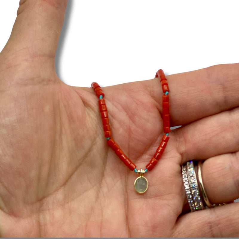 Dainty Red Coral Necklace with Green Chalcedony Pendant