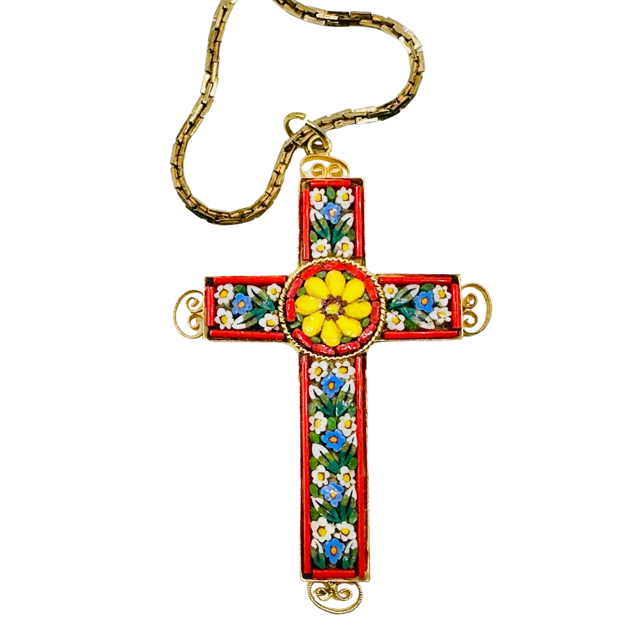 Vintage Italian Micro Mosaic Cross Necklace on 32" Vintage Chain