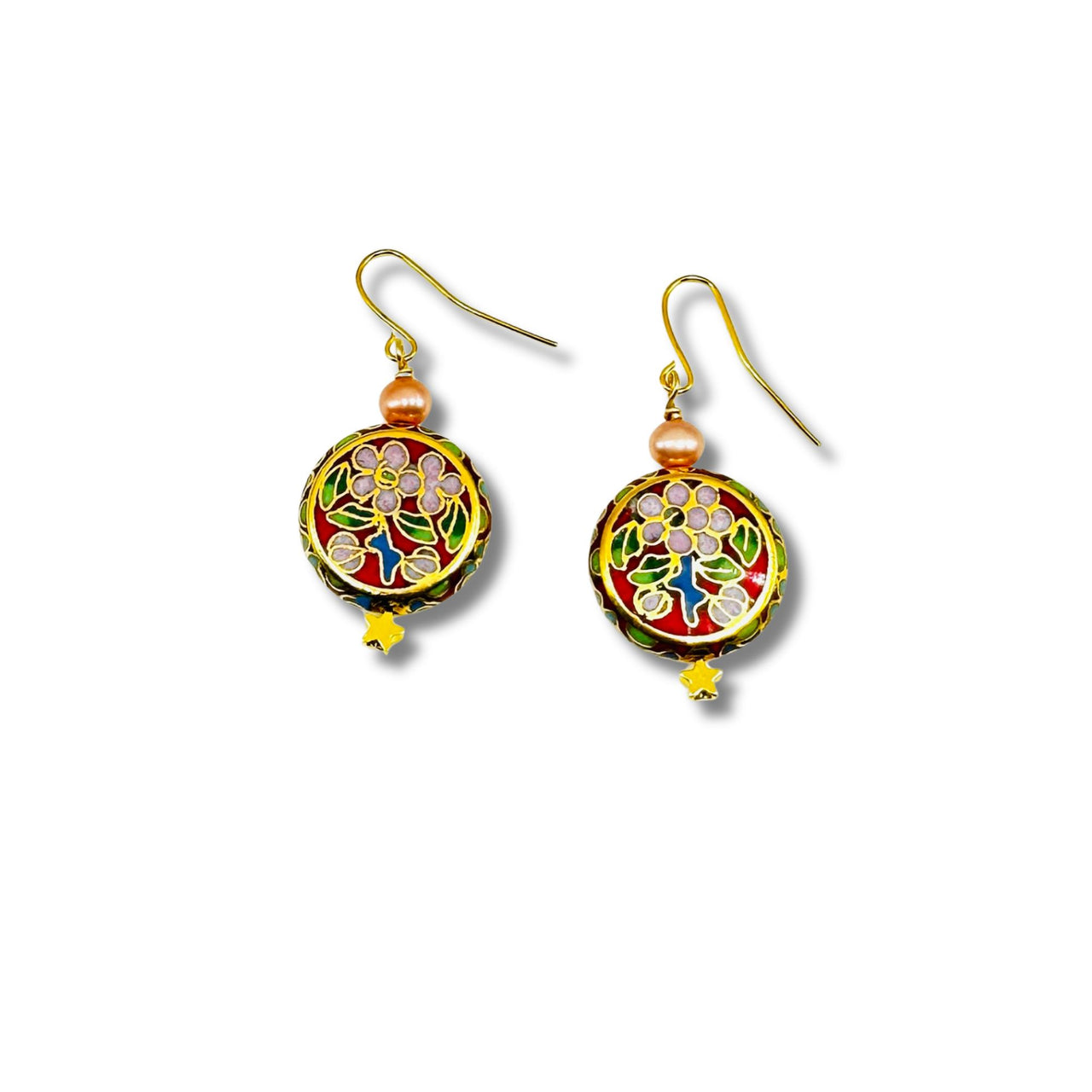 Cloisonné and Peach Pearl Drop Earrings