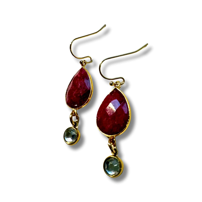 Genuine Ruby and Rhinestone Dangle Drop Earrings