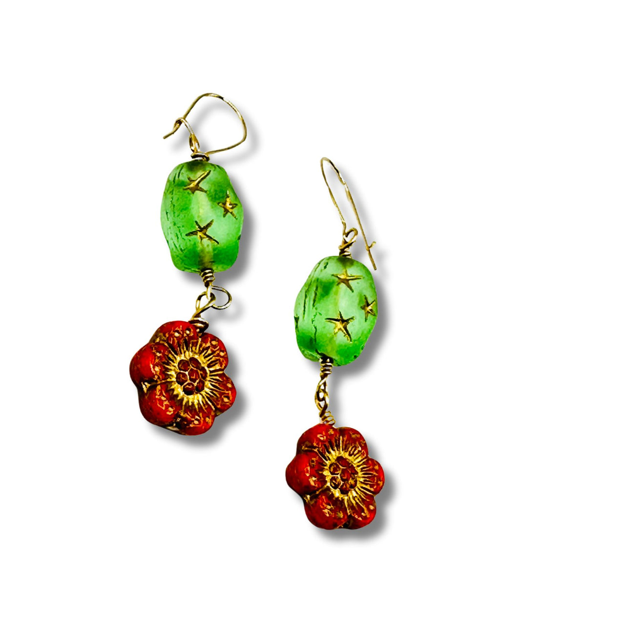 Vintage Green and Orange Glass Flower Earrings