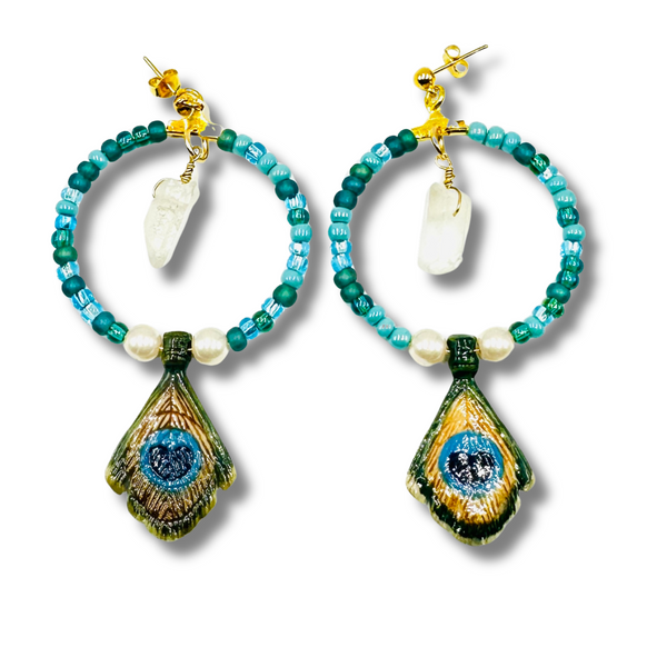 Hand Painted Peacock Feather Hoop Earrings with Crystal