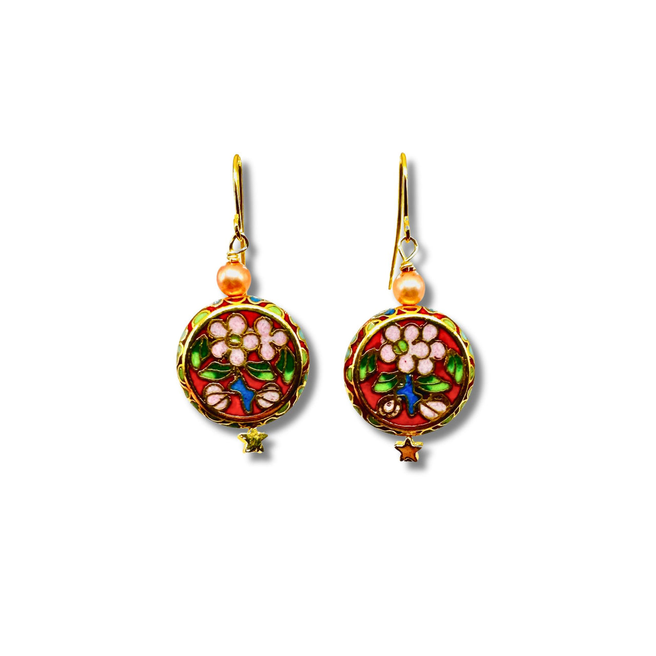 Cloisonné and Peach Pearl Drop Earrings