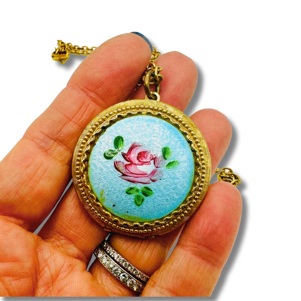 Original Vintage Guilloche Enamel Locket Necklace