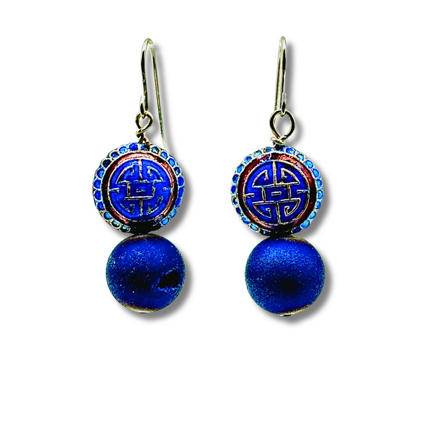 Blue Geode and Cloisonné Drop Earrings