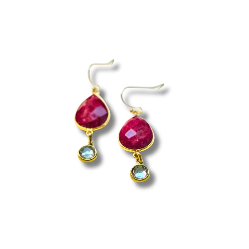 Genuine Ruby and Rhinestone Dangle Drop Earrings