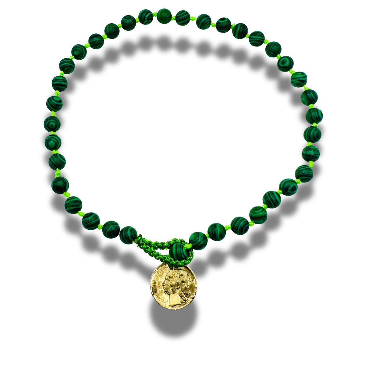 Malachite Hand Knotted Beaded Necklace with Genuine Coin