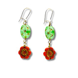 Vintage Green and Orange Glass Flower Earrings