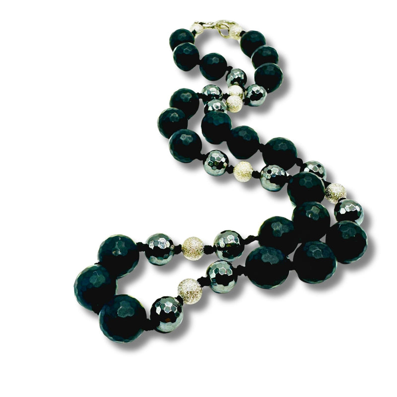 Genuine Faceted Black Onyx, Hematite, Beaded Hand Knotted Statement Necklace