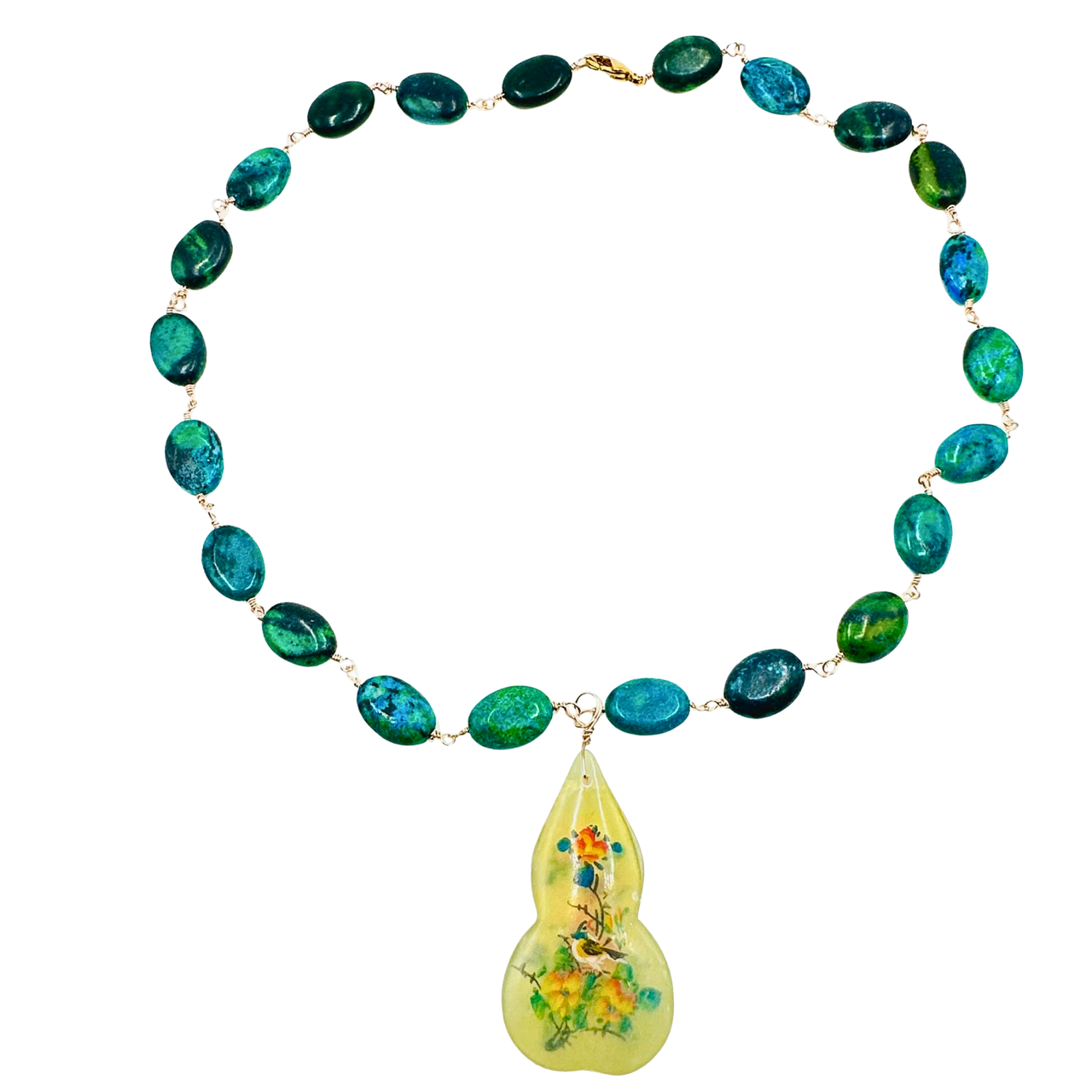 Vintage Chinese Reverse Painted Jade Pendant Necklace with Turquoise Beads