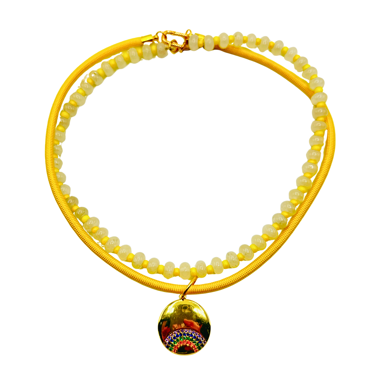 Sunshine Glow Convertible Necklace | Yellow Quartz & Pavé CZ Disc Charm Necklace | 16" Handmade Jewelry
