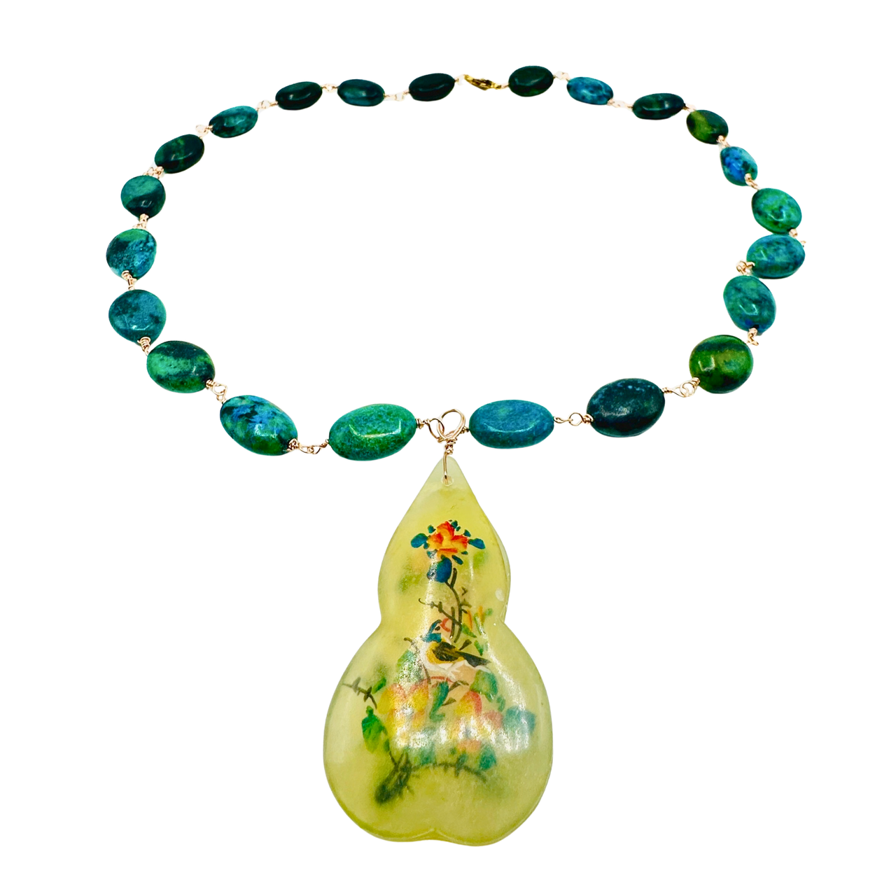 Vintage Chinese Reverse Painted Jade Pendant Necklace with Turquoise Beads