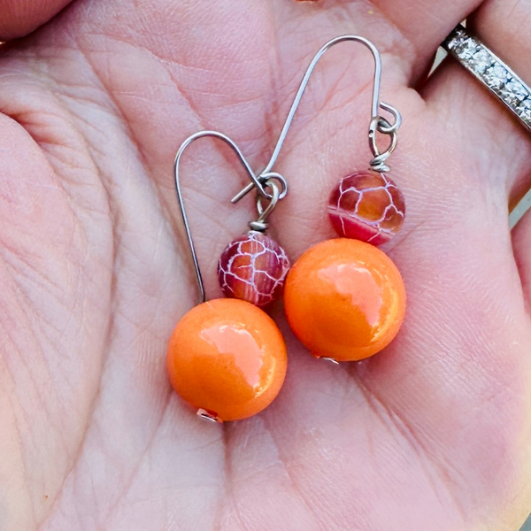 Orange Coral and Carnelian Drop Earrings