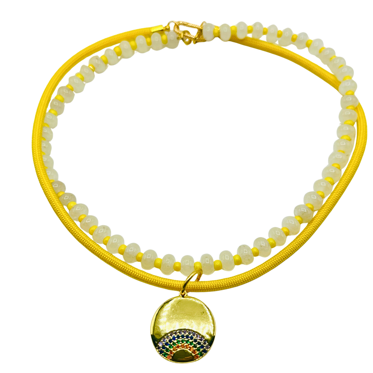 Sunshine Glow Convertible Necklace | Yellow Quartz & Pavé CZ Disc Charm Necklace | 16" Handmade Jewelry