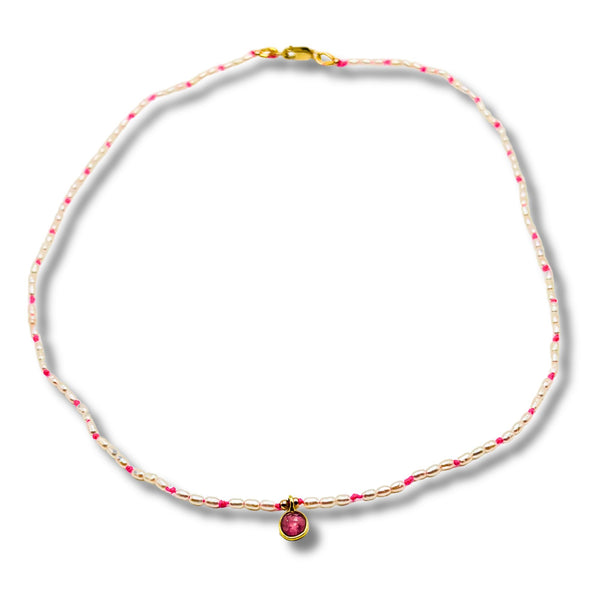 Dainty Rice Pearls with Pink Tourmaline Drop Necklace