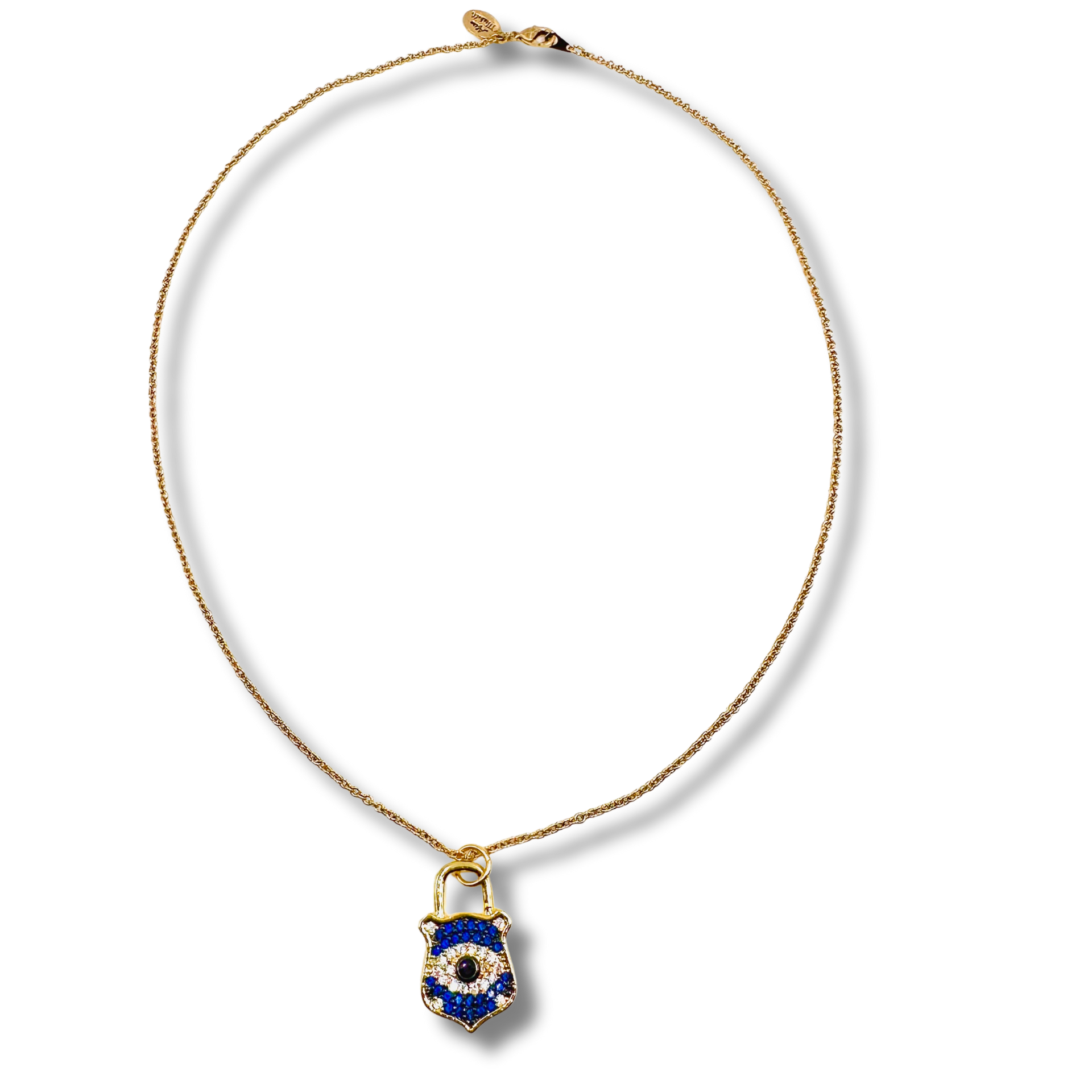 Gold necklace with a blue and gold lock-shaped pendant on a white background