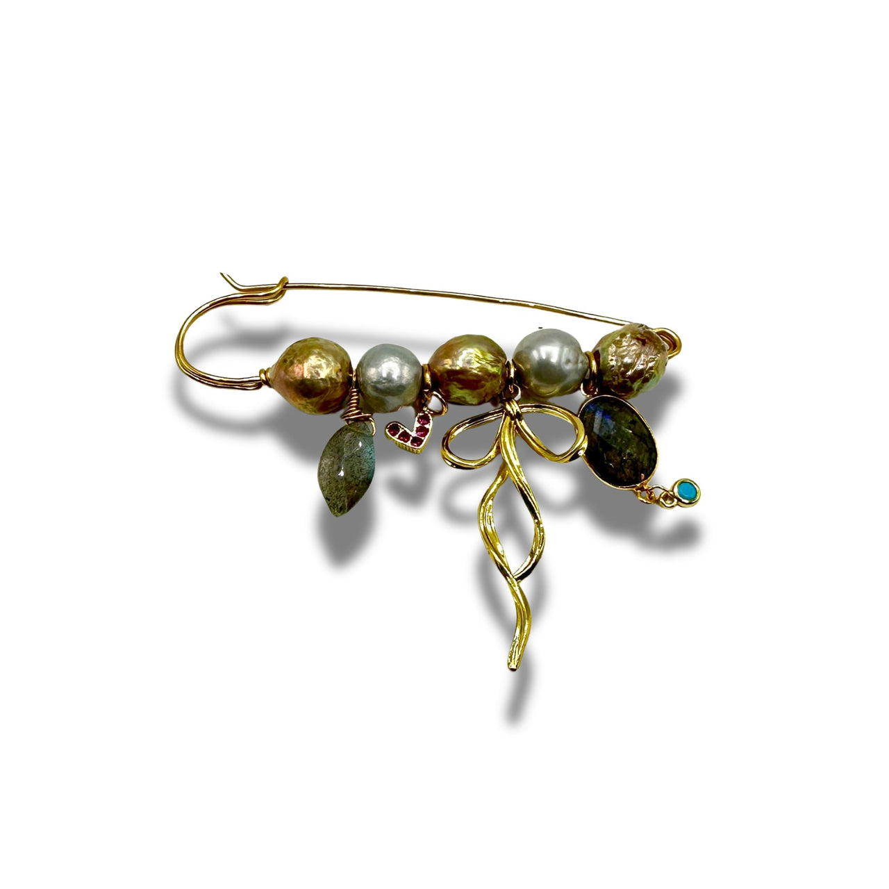 Handmade Sweater Pin with Bow and Genuine Stones