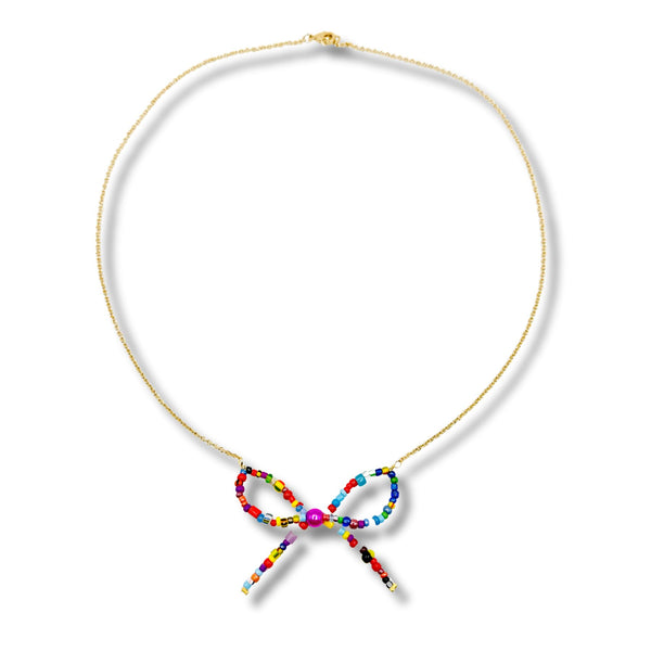 Multi Colored Vintage Glass Beaded Bow Necklace