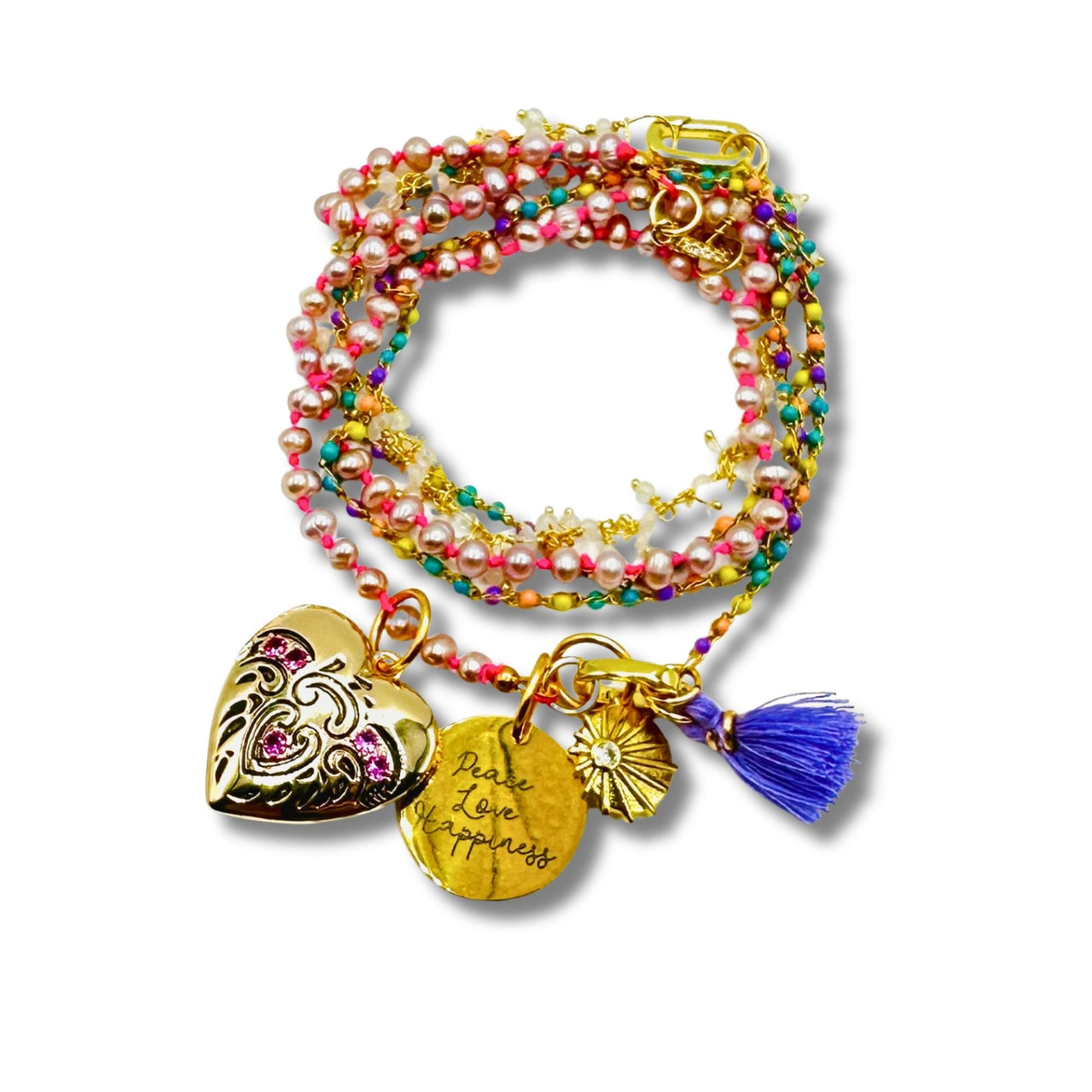 Peace, Love, Happiness Pearl Locket Resort Chain Convertible Necklace, Bracelet, Layering Piece