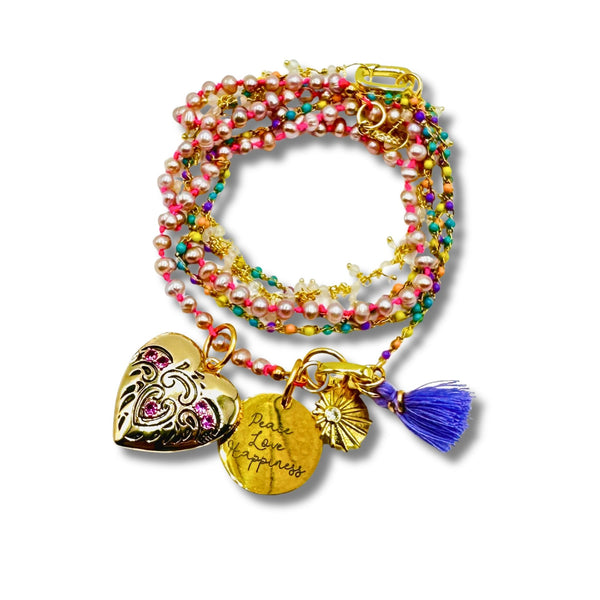 Peace, Love, Happiness Pearl Locket Resort Chain Convertible Necklace, Bracelet, Layering Piece