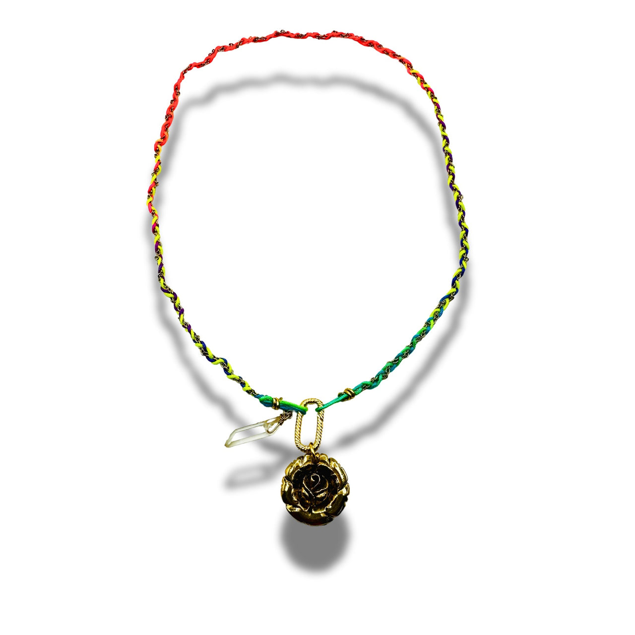 Rainbow Rose Hand Braided Chain Necklace with Crystal