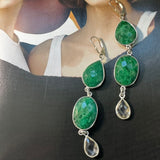 Genuine Emerald and Clear Quartz Dangle Drop Earrings