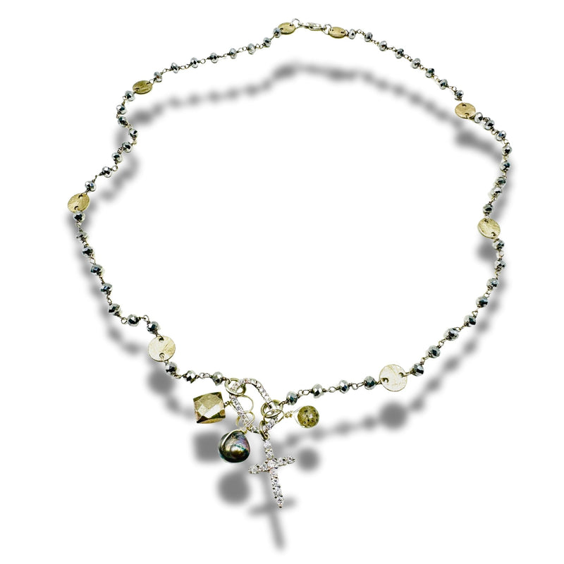 Wire Wrapped Hematite Cross Necklace with Removable Charms