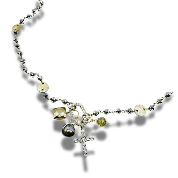 Wire Wrapped Hematite Cross Necklace with Removable Charms