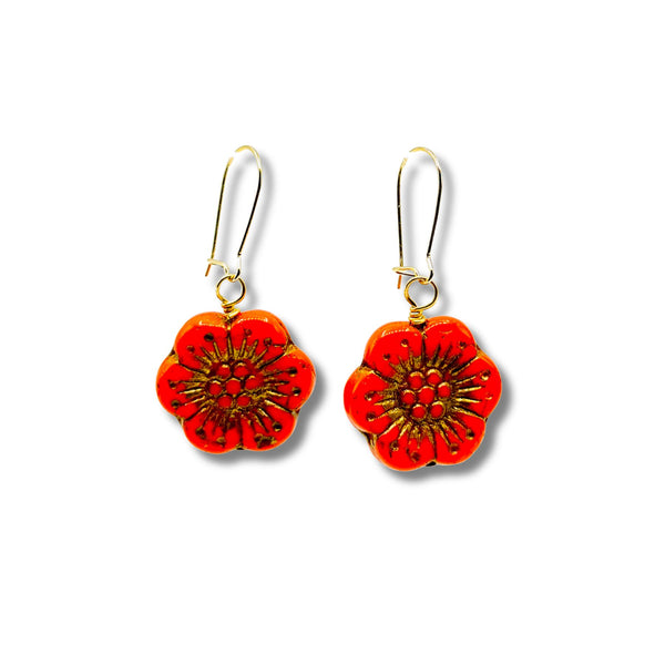 Large Vintage Orange Glass Flower Earrings