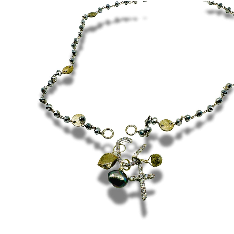 Wire Wrapped Hematite Cross Necklace with Removable Charms