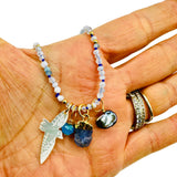 Dainty Moonstone and Aquamarine Gemstone Bird Charm Necklace