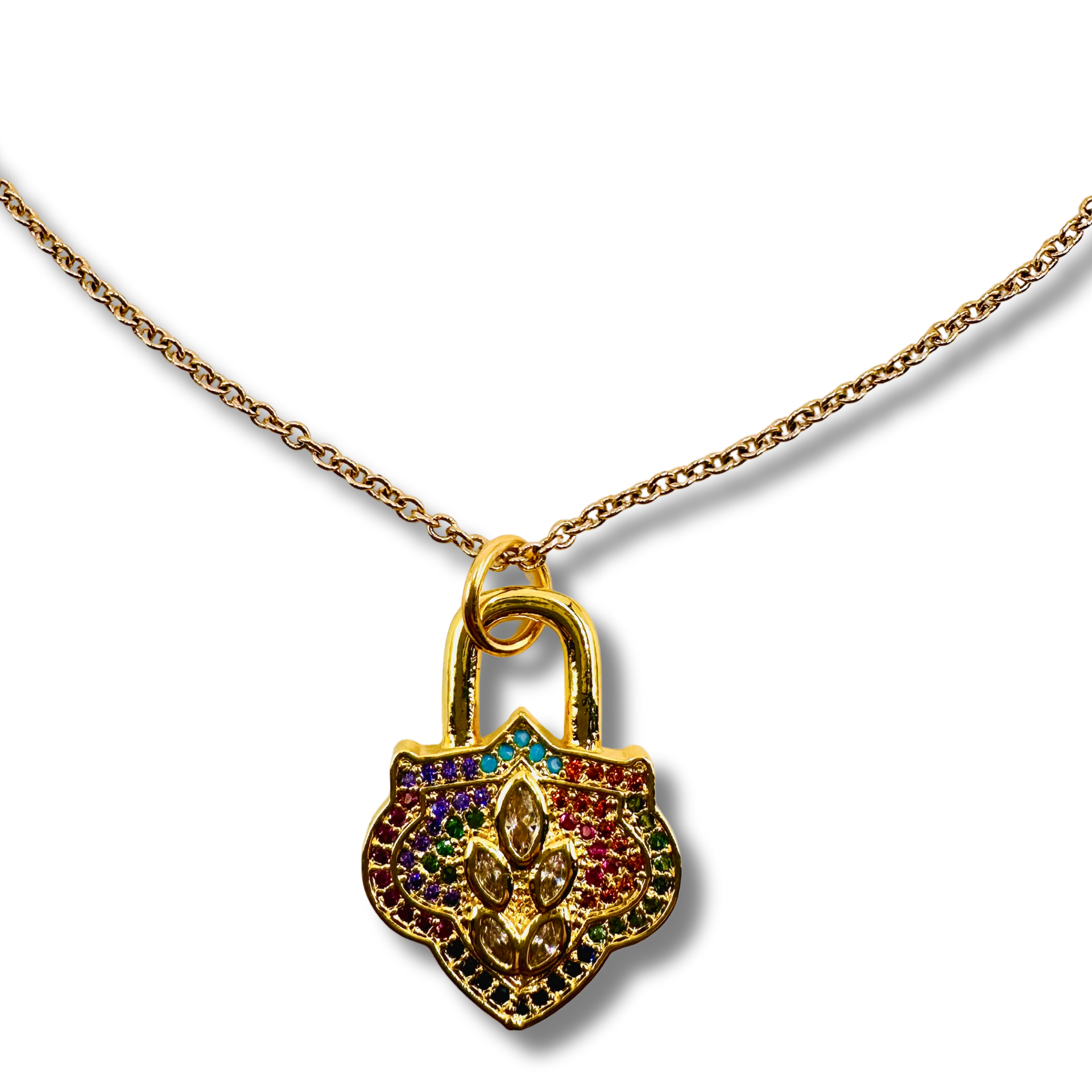 Gold padlock-shaped pendant with colorful stones on a white background