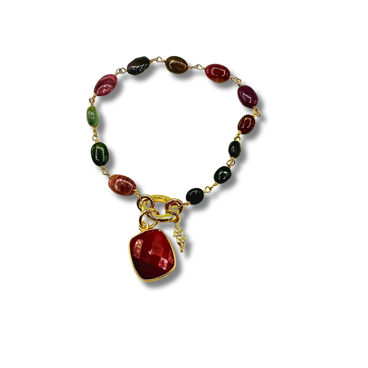 Tourmaline Ruby and Lightening Bolt Removable Charm Bracelet