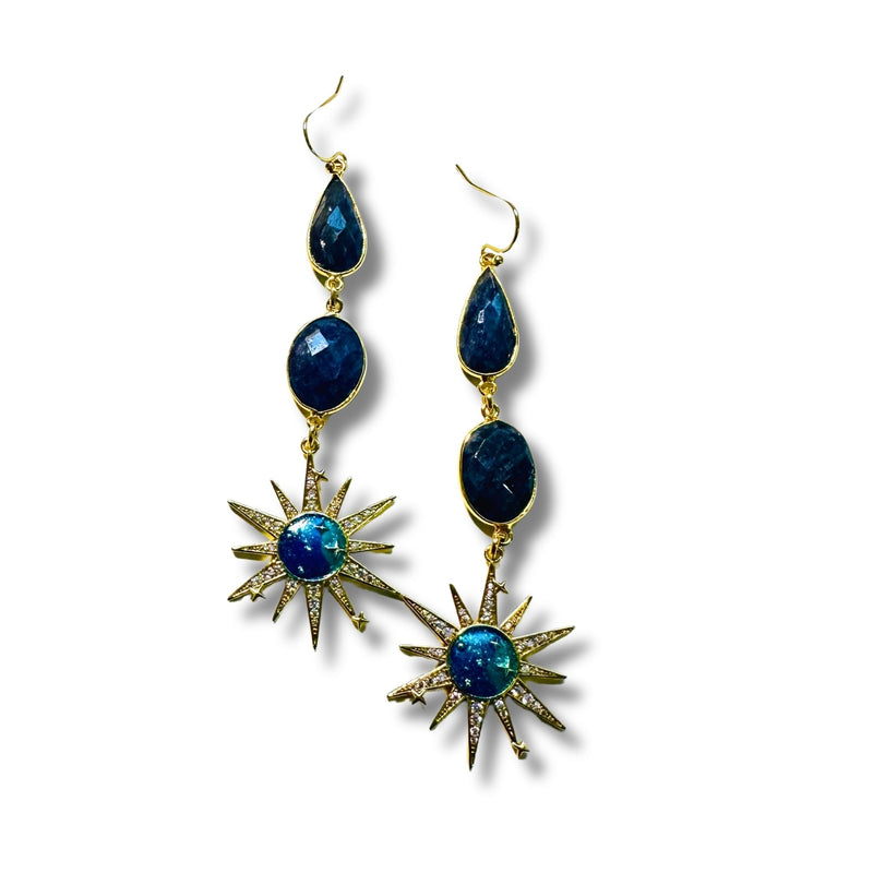 Genuine Sapphire and Celestial Pave CZ Dangle Drop Earrings